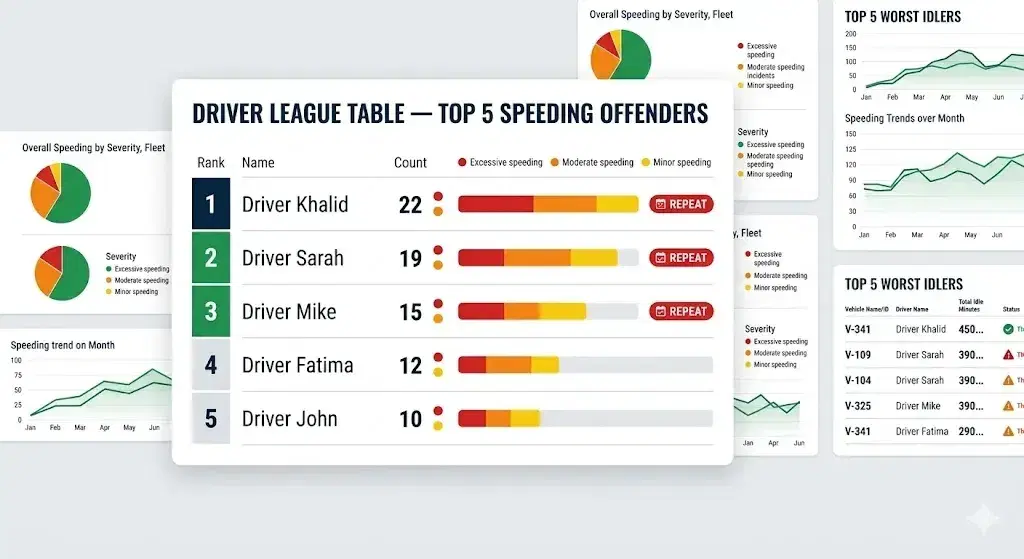 Ranked league table of drivers by safety score in AVLView